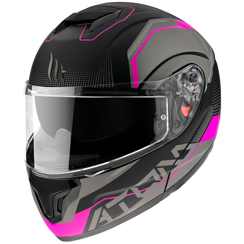 Szczękowy kask motocyklowy MT Atom SV Quark czarno-szaro-różowy wyprzedaż