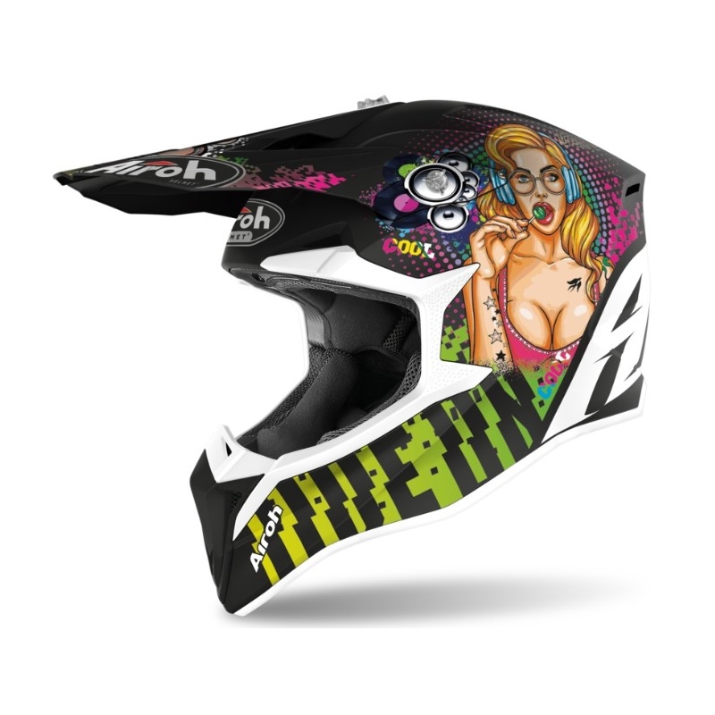 Motocrossowy kask Airoh Wraap Pin Up czarno-zielono-różowy