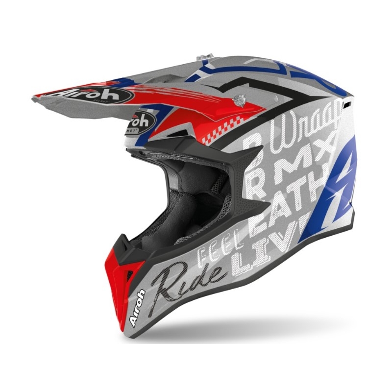 Motocrossowy kask Airoh Wraap Street szaro-niebiesko-czerwony