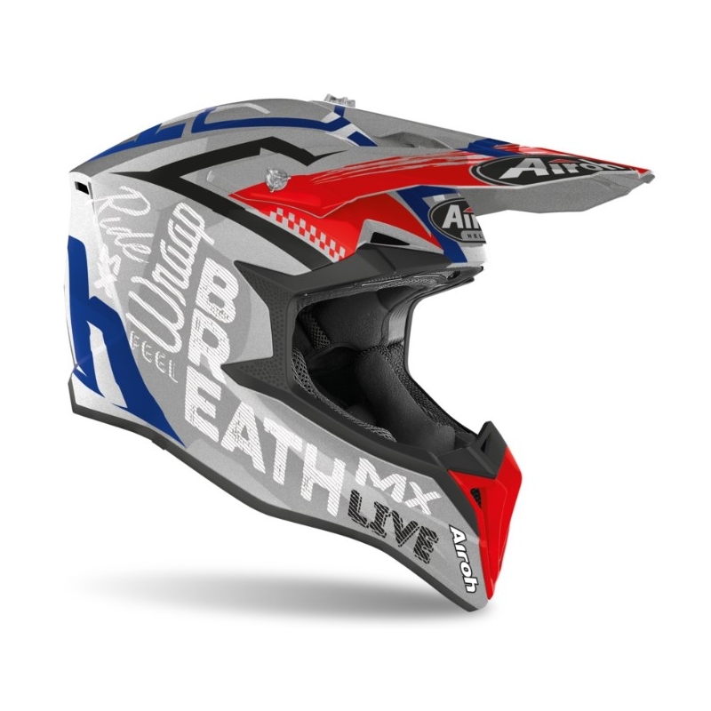 Motocrossowy kask Airoh Wraap Street szaro-niebiesko-czerwony