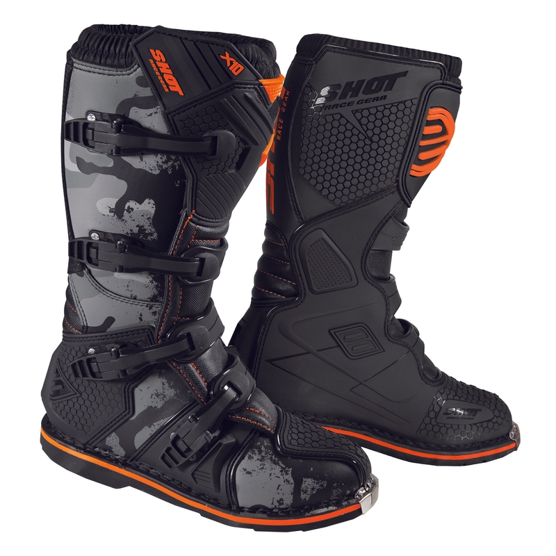 Buty motocyklowe Shot X10 2.0 czarno-camo-fluo pomarańczowe