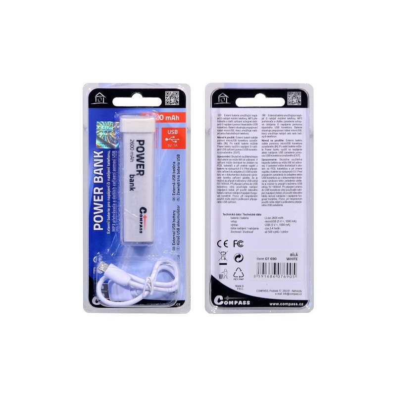 POWER BANK 2600mA biały + kabel 30cm