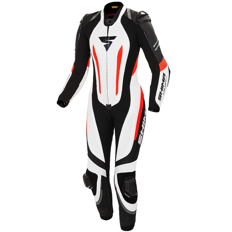 Damski jednoczęściowy kombinezon motocyklowy Shima Miura RS biało-czarno-fluo czerwony