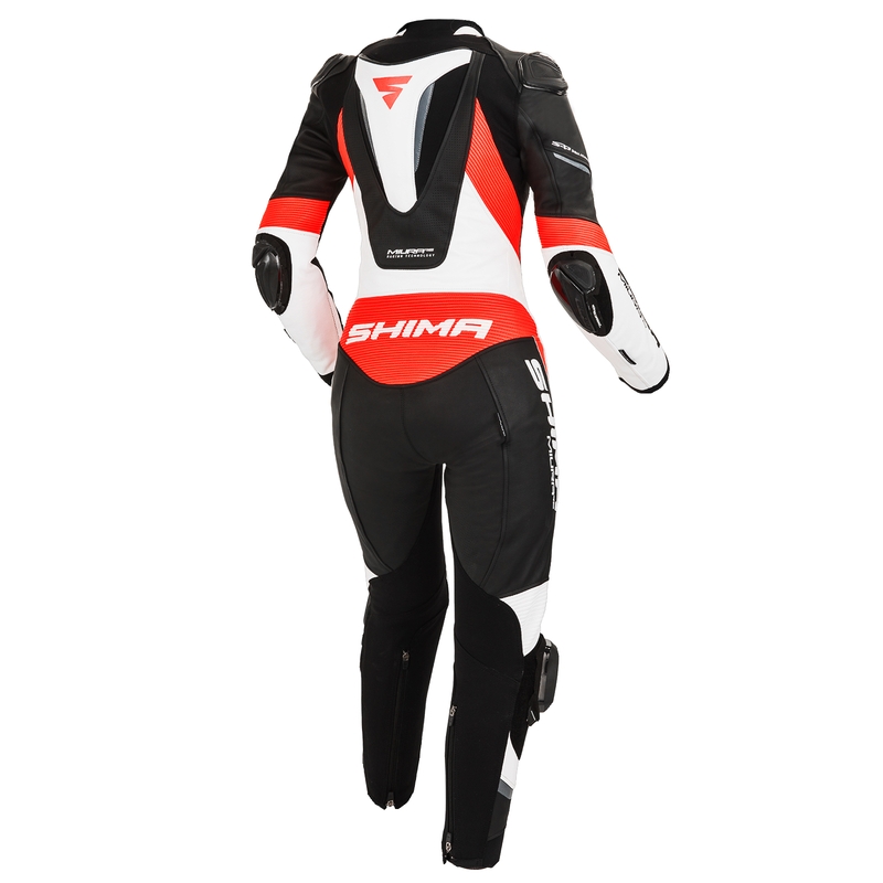 Damski jednoczęściowy kombinezon motocyklowy Shima Miura RS biało-czarno-fluo czerwony