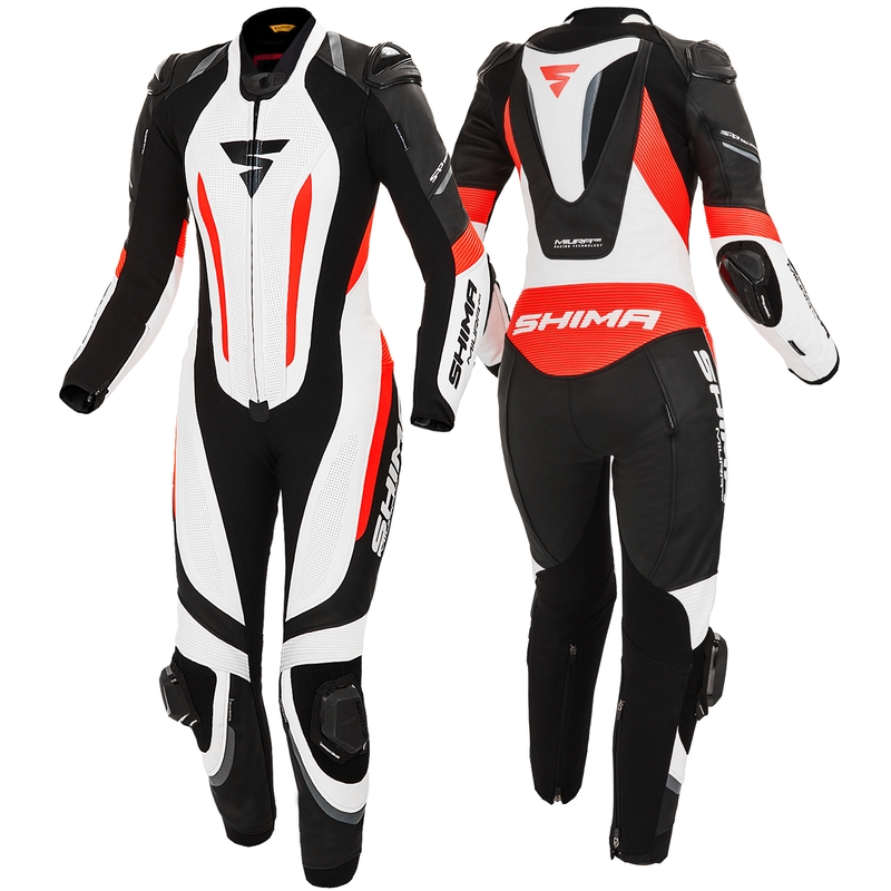 Damski jednoczęściowy kombinezon motocyklowy Shima Miura RS biało-czarno-fluo czerwony