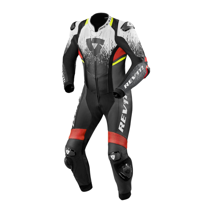 Jednoczęściowy kombinezon motocyklowy Revit Quantum 2 czarno-biało-fluo czerwony wyprzedaż
