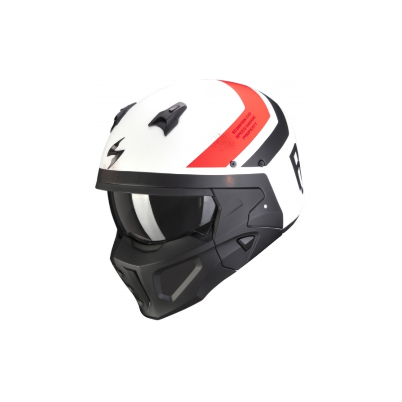 Otwarty hełm z maską Scorpion COVERT-X T-TRUST biało-czerwono-czarny