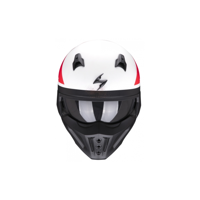 Otwarty hełm z maską Scorpion COVERT-X T-TRUST biało-czerwono-czarny