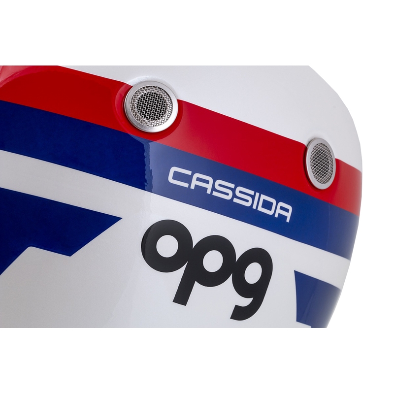 Integralny kask motocyklowy Cassida Fibre OPG, biało-niebiesko-czerwony