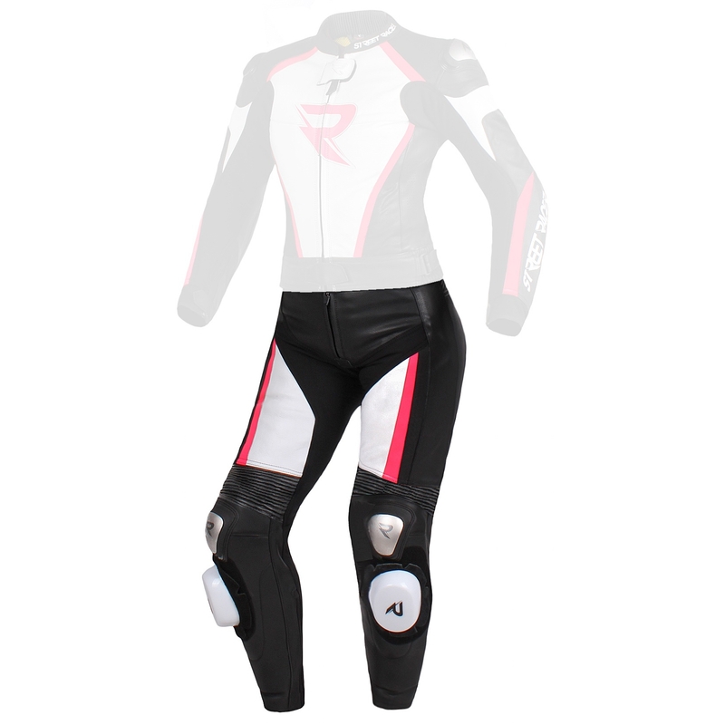 Damskie skórzane spodnie motocyklowe Street Racer Kiara czarno-biało-fluo różowe - II. jakość