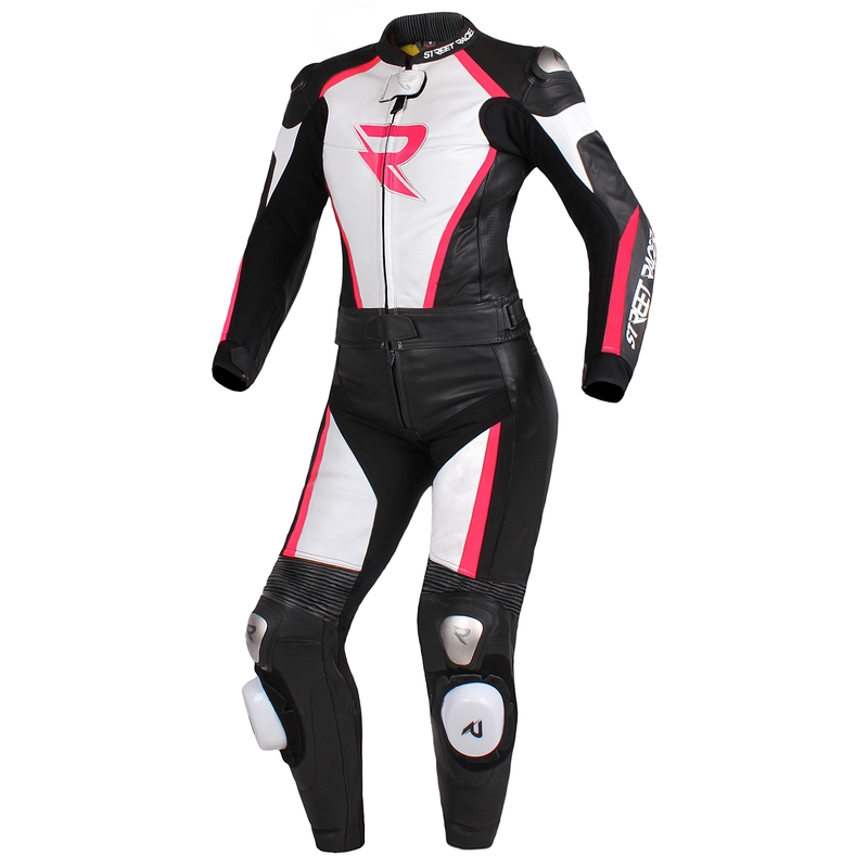 Damskie skórzane spodnie motocyklowe Street Racer Kiara czarno-biało-fluo różowe - II. jakość