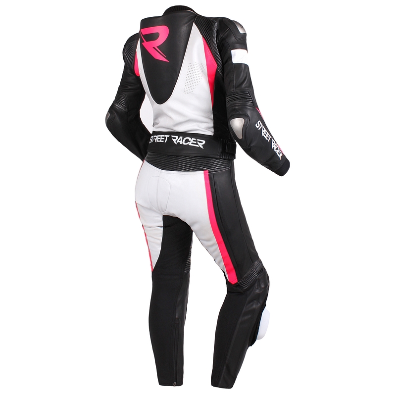 Damskie skórzane spodnie motocyklowe Street Racer Kiara czarno-biało-fluo różowe - II. jakość