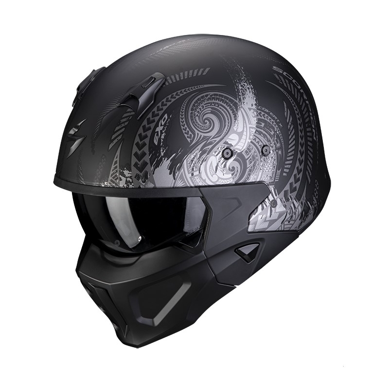 Otwarty hełm z maską SCORPION COVERT-X TATTOO matowy czarno-srebrny