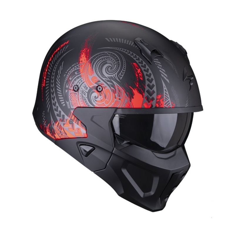 Otwarty hełm z maską SCORPION COVERT-X TATTOO matowy czarno-czerwony