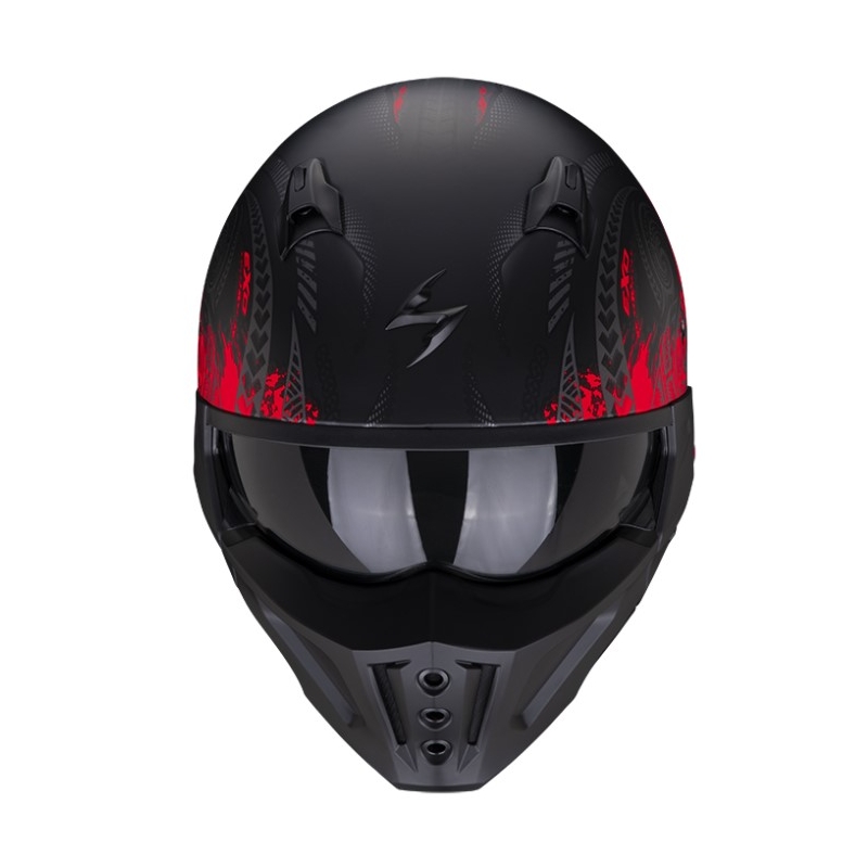 Otwarty hełm z maską SCORPION COVERT-X TATTOO matowy czarno-czerwony
