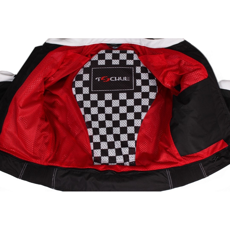 Damska skórzana kurtka motocyklowa Tschul 736 czarno-biało-czerwona wyprzedaż