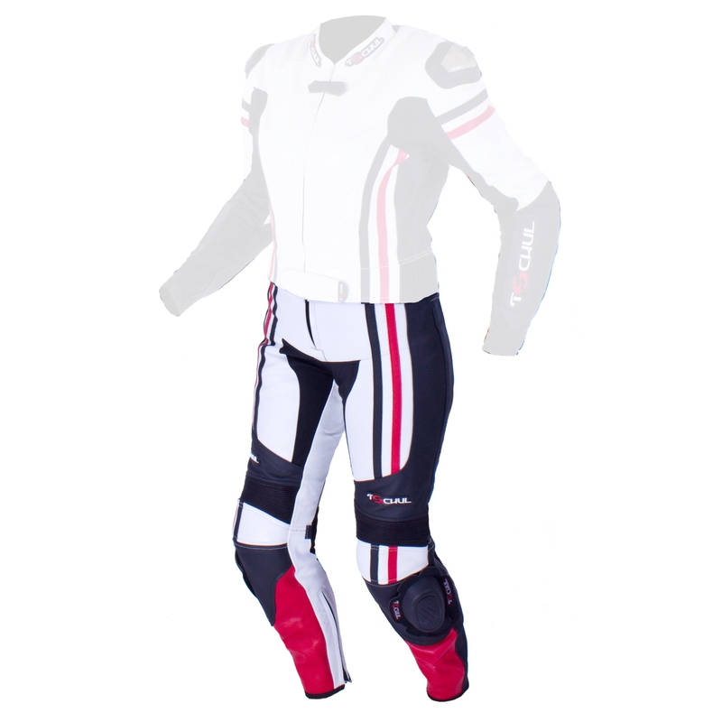 Damskie skórzane spodnie motocyklowe Tschul 556 biało-czarno-czerwone wyprzedaż
