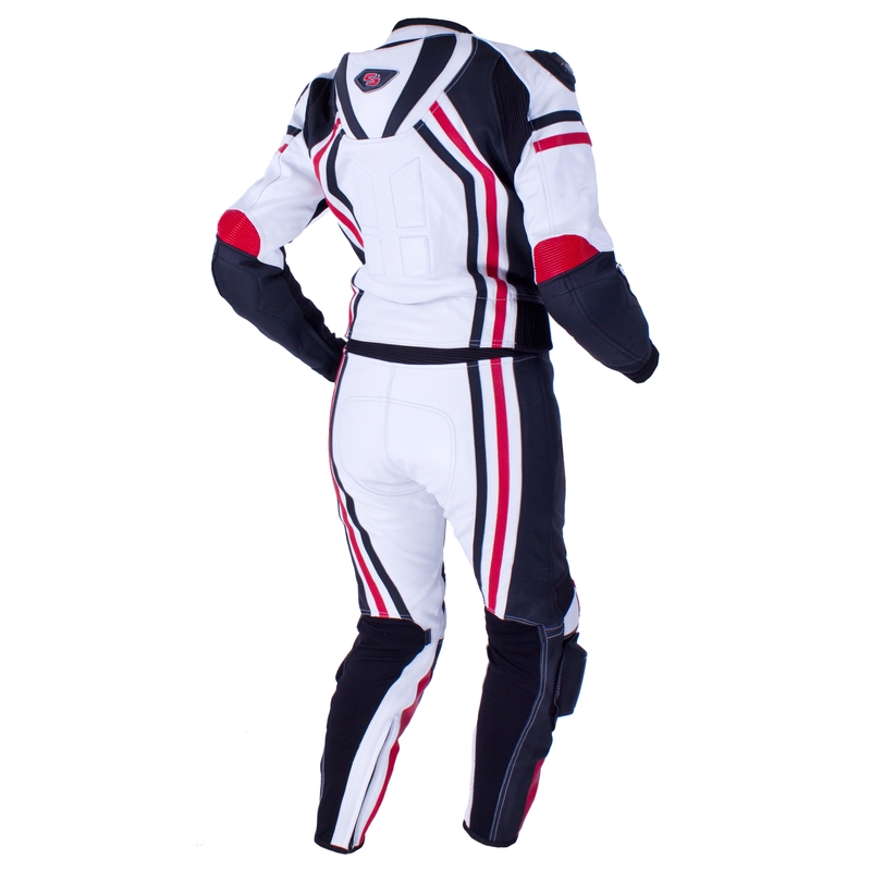 Damskie skórzane spodnie motocyklowe Tschul 556 biało-czarno-czerwone wyprzedaż