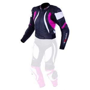 Damska skórzana kurtka motocyklowa Tschul 546 czarno-biało-różowa wyprzedaż