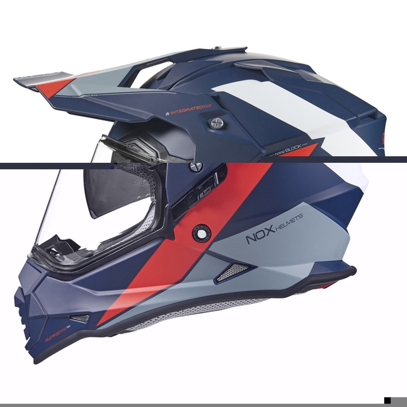 Kask enduro NOX N312 BLOCK 2022 szaro-biało-czerwono-niebieski