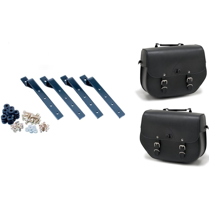 Leather saddlebags CUSTOMACCES SANT LOUIS black set, with metal base and fitting kit set