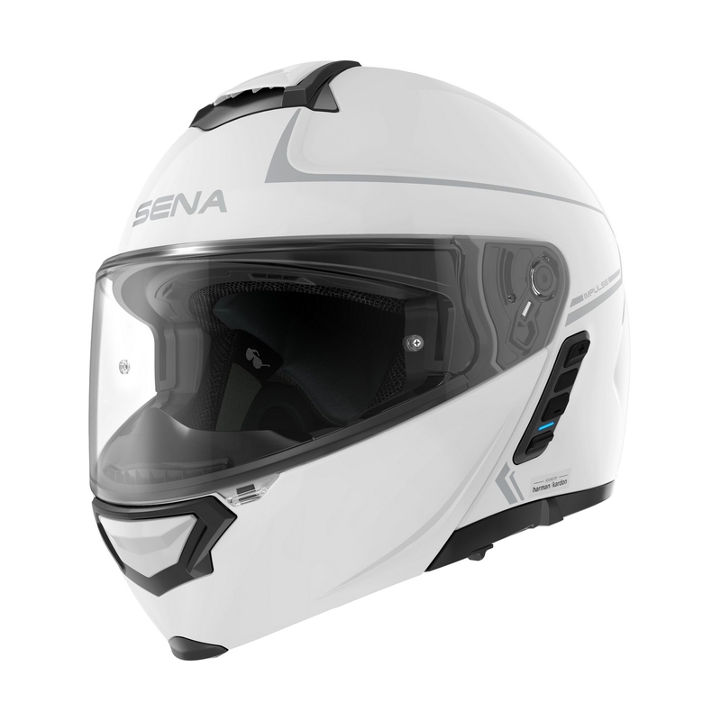 Składany kask motocyklowy z siatkowym zestawem słuchawkowym SENA Impulse biały błyszczący wyprzedaż