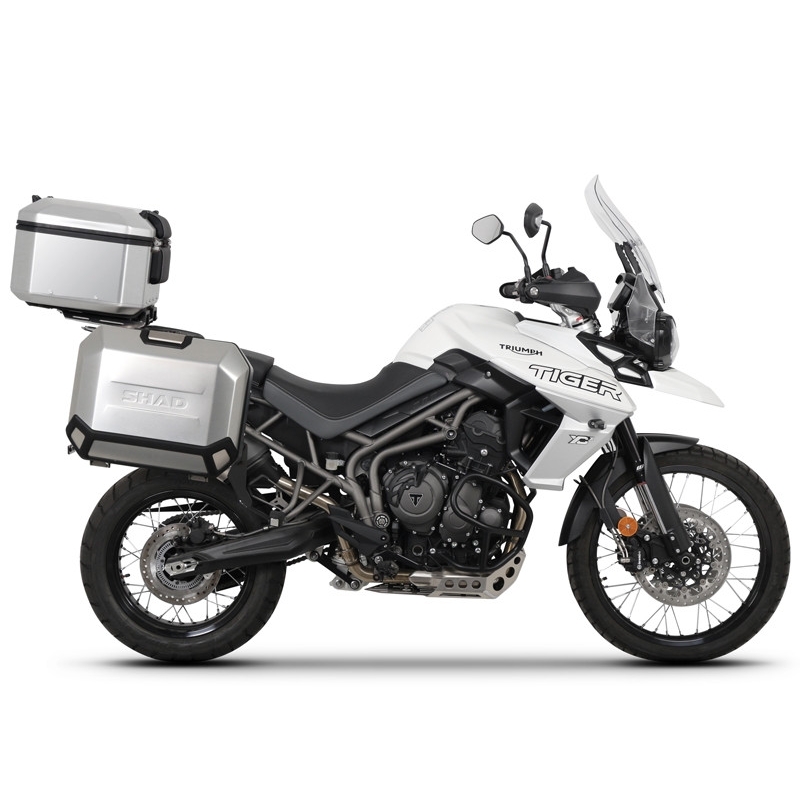Complete set of aluminum cases SHAD TERRA, 48L topcase + 36L / 47L side cases, including mounting kit and plate SHAD TRIUMPH Tiger 800