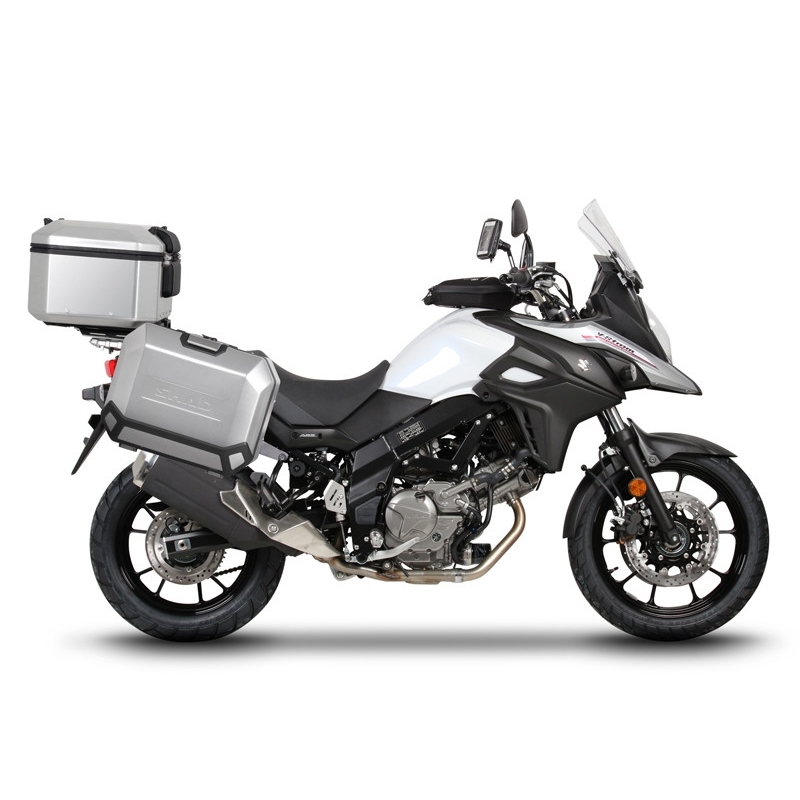 Complete set of aluminum cases SHAD TERRA, 48L topcase + 47L / 47L side cases, including mounting kit and plate SHAD SUZUKI DL 650 V-Strom