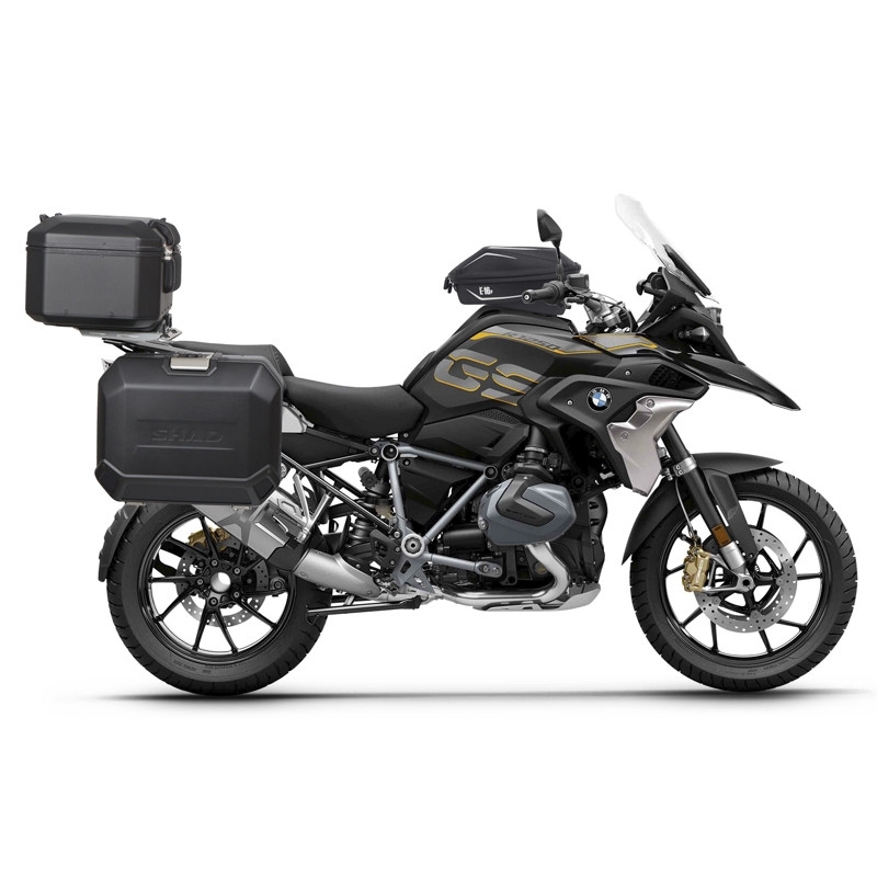 Complete set of black aluminum cases SHAD TERRA, 37L topcase + 36L / 47L side cases, including mounting kit and plate SHAD R 1200 GS Adventure/ R 1250 GS Adventure