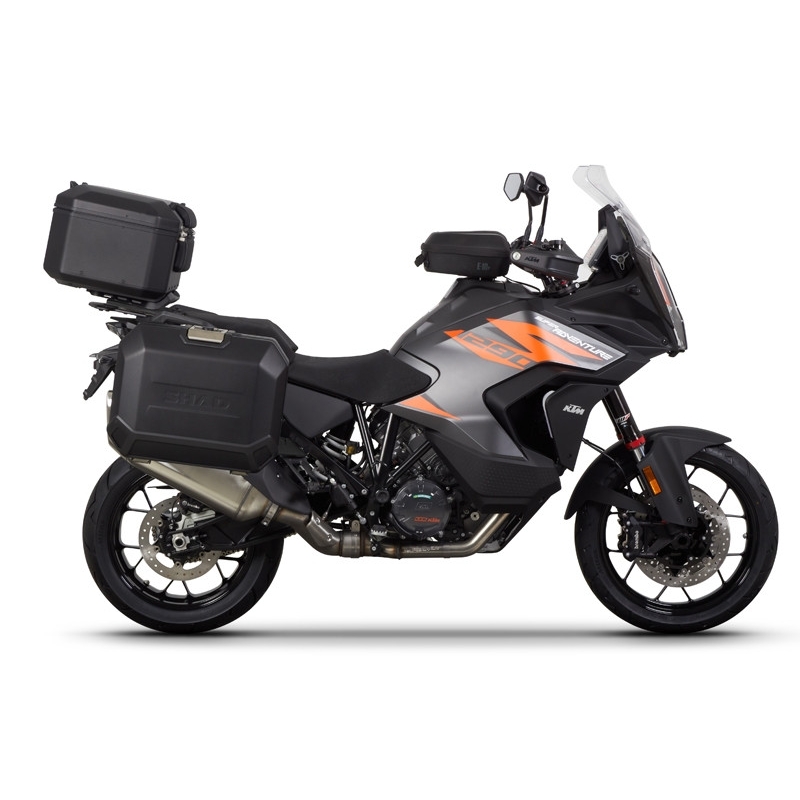 Complete set of black aluminum cases SHAD TERRA, 37L topcase + 36L / 47L side cases, including mounting kit and plate SHAD KTM Super Adventure 1290 (R, S)