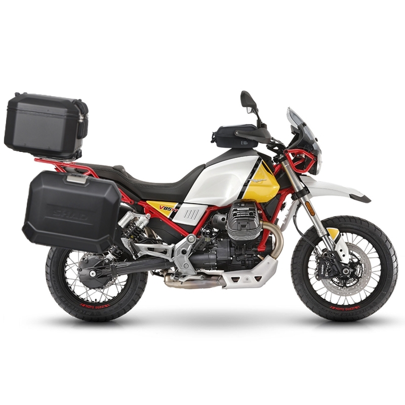 Complete set of black aluminum cases SHAD TERRA, 48L topcase + 36L / 47L side cases, including mounting kit and plate SHAD MOTO GUZZI V 85 TT