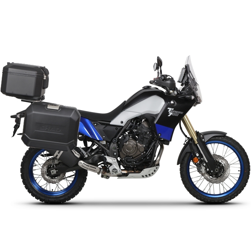 Complete set of black aluminum cases SHAD TERRA, 48L topcase + 36L / 47L side cases, including mounting kit and plate SHAD YAMAHA Tenere 700 XTZ690