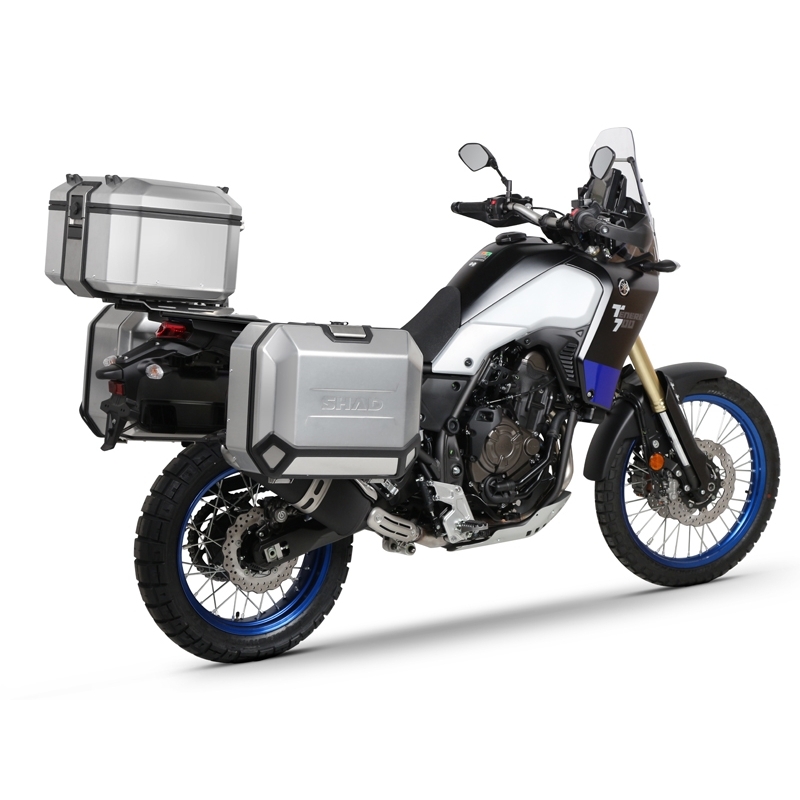 Complete set of black aluminum cases SHAD TERRA, 48L topcase + 36L / 47L side cases, including mounting kit and plate SHAD YAMAHA Tenere 700 XTZ690