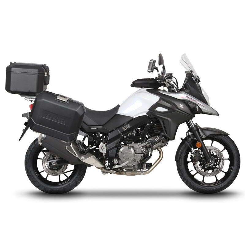 Complete set of aluminum cases SHAD TERRA BLACK, 48L topcase + 36L / 36L side cases, including mounting kit and plate SHAD SUZUKI DL 650 V-Strom