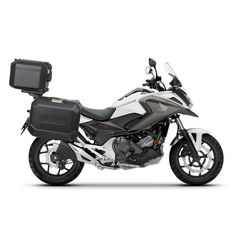 Complete set of aluminum cases SHAD TERRA BLACK, 48L topcase + 47L / 47L side cases, including mounting kit and plate SHAD HONDA NC 750 X