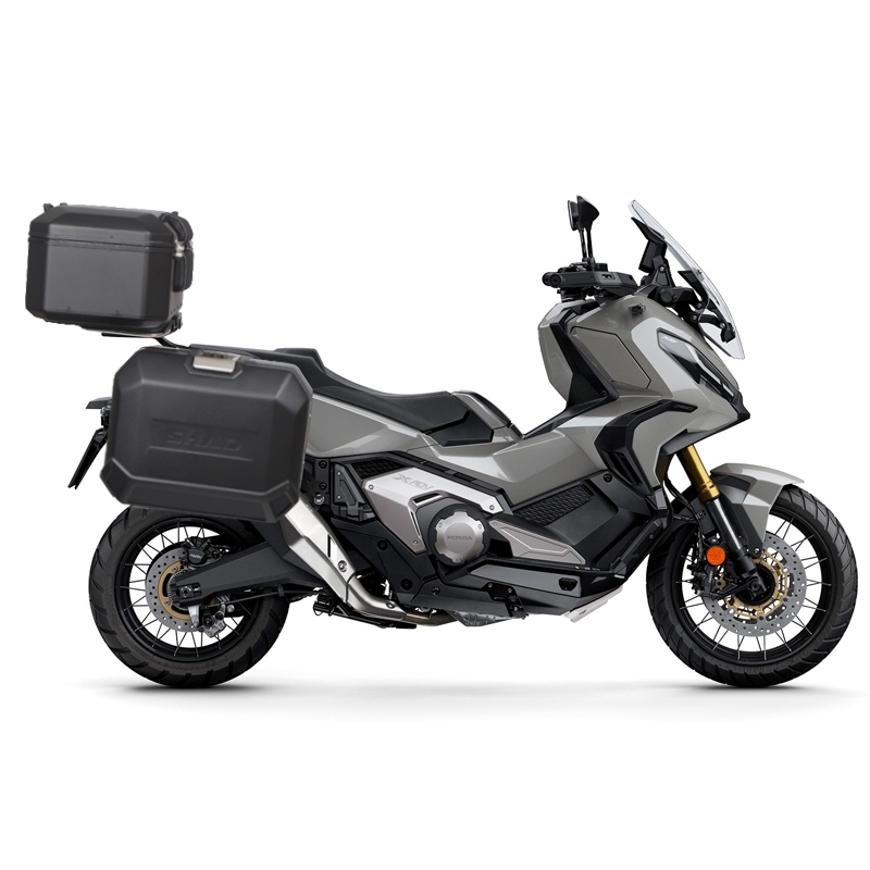 Complete set of aluminum cases SHAD TERRA BLACK, 48L topcase + 36L / 36L side cases, including mounting kit and plate SHAD HONDA X-ADV 750