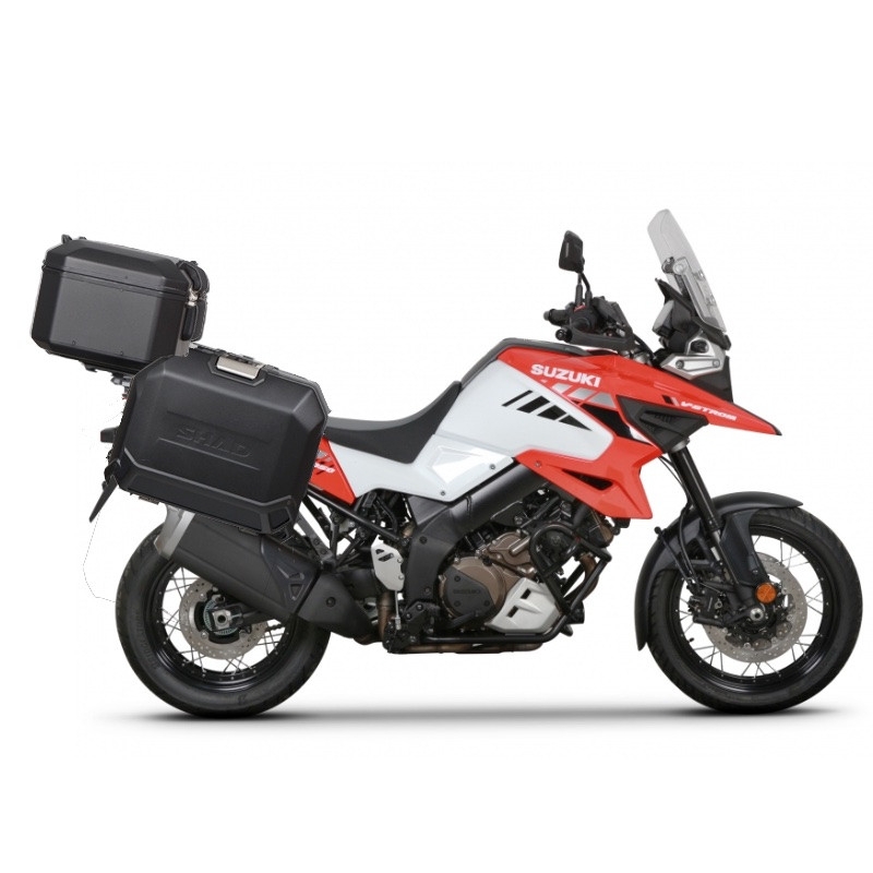 Complete set of aluminum cases SHAD TERRA BLACK, 48L topcase + 36L / 36L side cases, including mounting kit and plate SHAD SUZUKI DL 1000 V-Strom/ DL 1050 V-Strom