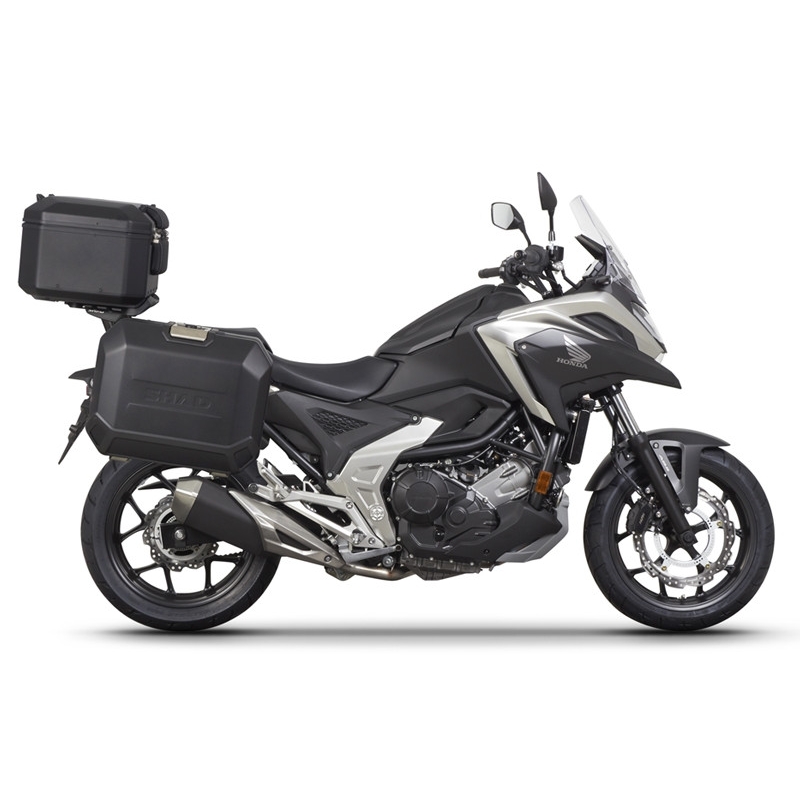 Complete set of aluminum cases SHAD TERRA BLACK, 48L topcase + 47L / 47L side cases, including mounting kit and plate SHAD HONDA NC 750 X 2021-