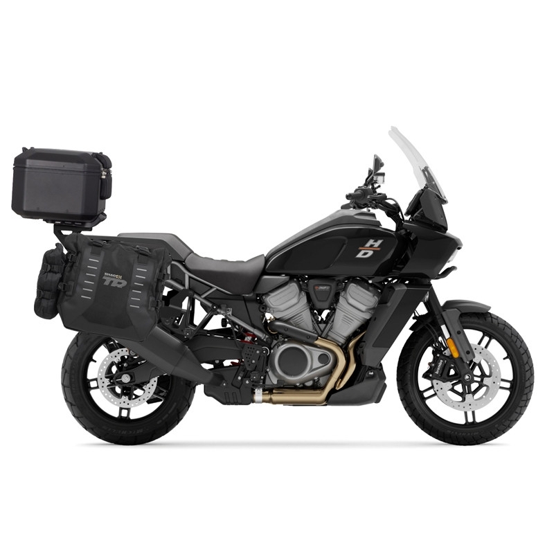 Complete set of SHAD TERRA TR40 adventure saddlebags and SHAD TERRA BLACK aluminium 55L topcase, including mounting kit SHAD Harley Davidson Pan America 1250