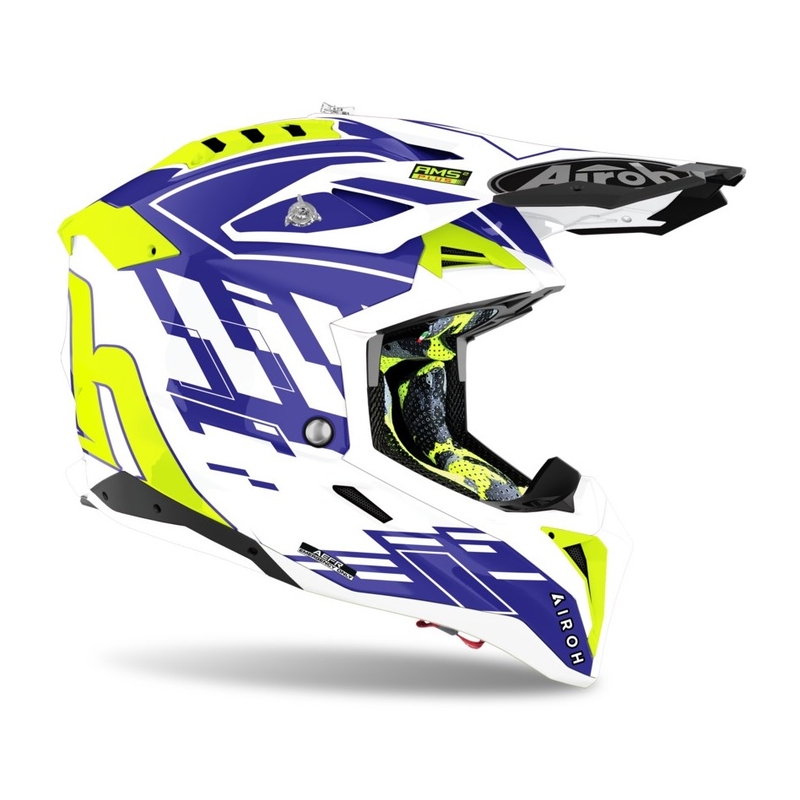 Kask motocrossowy Airoh Aviator 3.0 Rampage 2021 biało-niebiesko-fluo żółty wyprzedaż