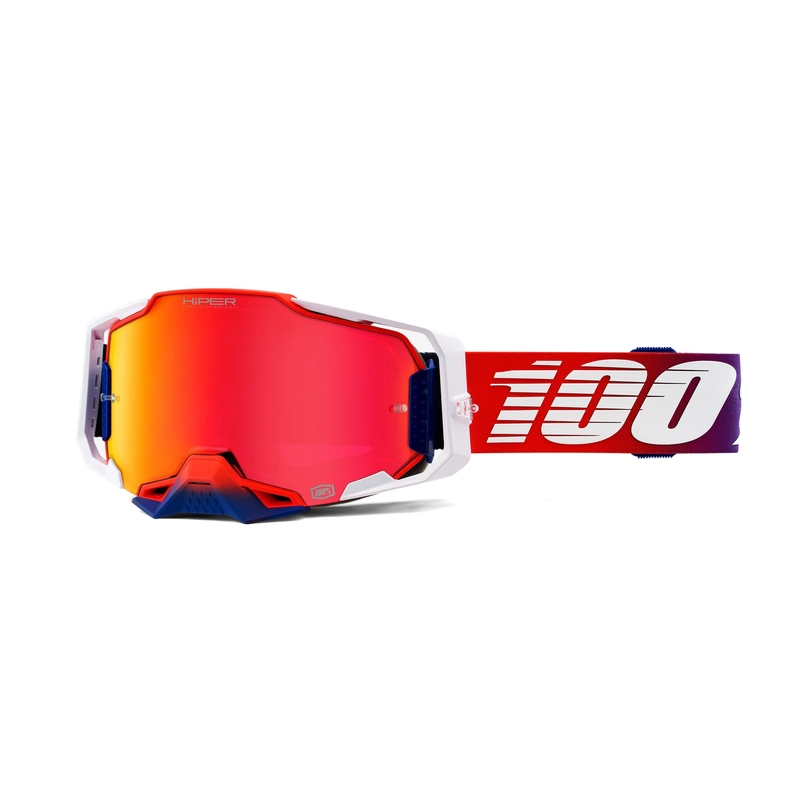 Gogle motocrossowe 100% ARMEGA Factory HIPER biało-czerwono-niebieskie (czerwona chromowana pleksi)
