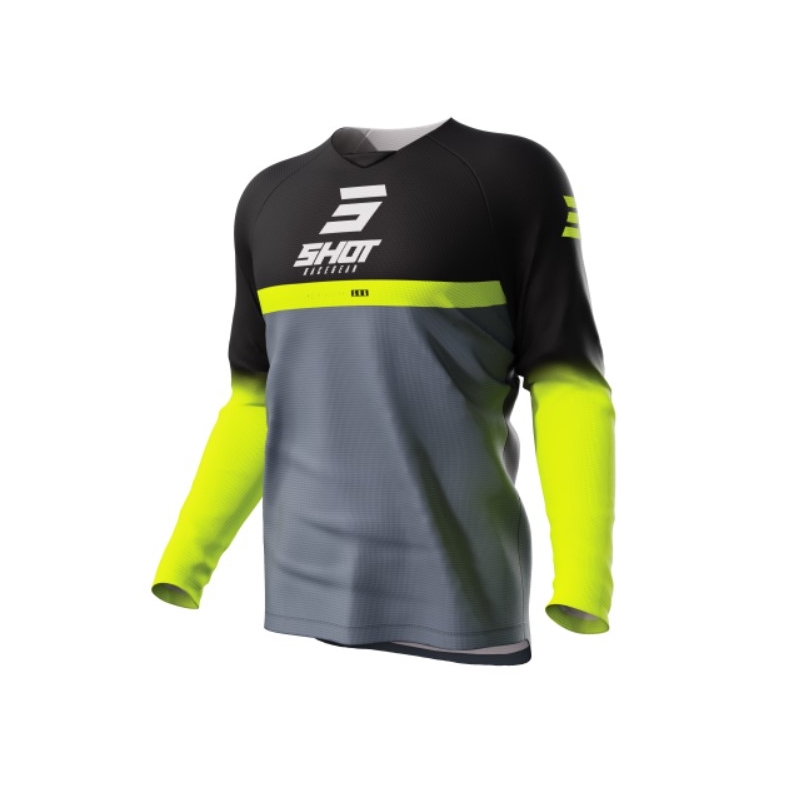 Dziecięca koszulka motocrossowa Shot Raw Kid Reflex czarno-szara-fluo żółta.