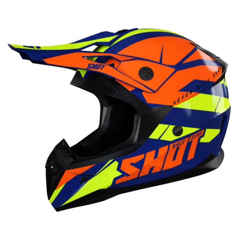 Kask motocrossowy dla dzieci Shot Pulse Kid Revenge pomarańczowo-niebiesko-fluo żółty