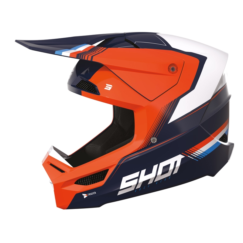 Dziecięcy kask motocrossowy Shot Race Tracer biało-niebiesko-pomarańczowy