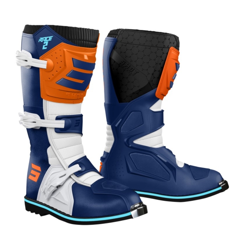 Dziecięce buty motocyklowe Shot Race 2 niebiesko-biało-pomarańczowe