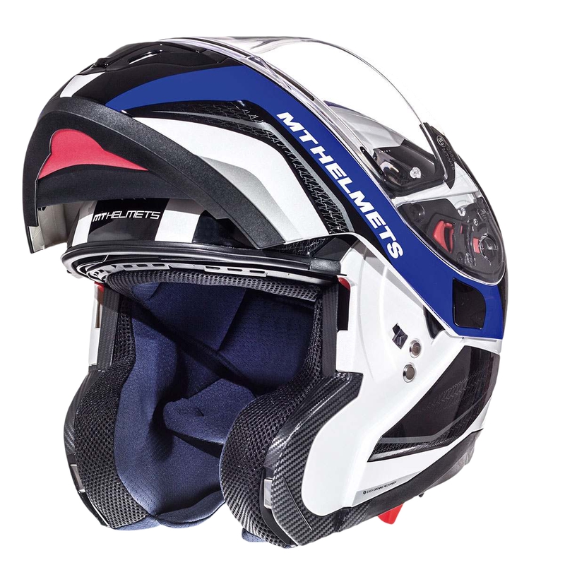 Szczękowy kask motocyklowy MT Atom Tarmac biało-czarno-niebieski - II. jakość