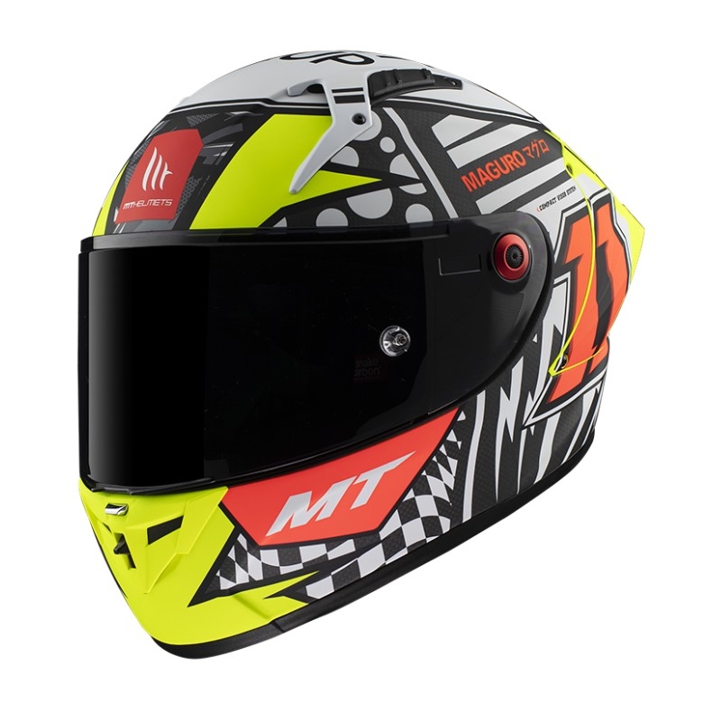 Zintegrowany kask motocyklowy MT KRE+ Carbon Sergio Garcia A3 czarno-biało-czerwono-fluo żółty