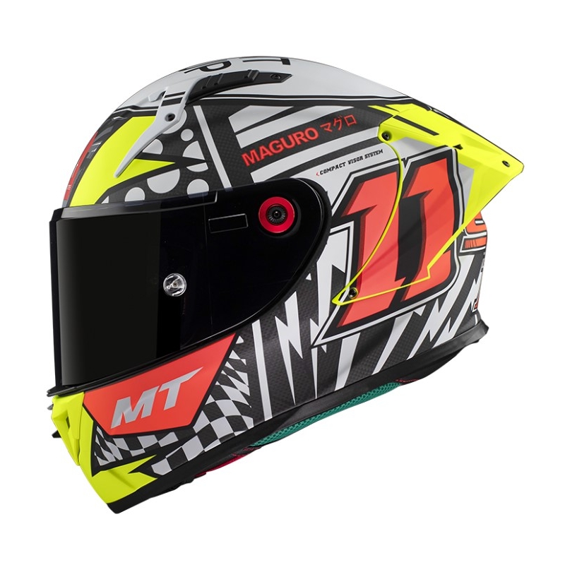 Zintegrowany kask motocyklowy MT KRE+ Carbon Sergio Garcia A3 czarno-biało-czerwono-fluo żółty