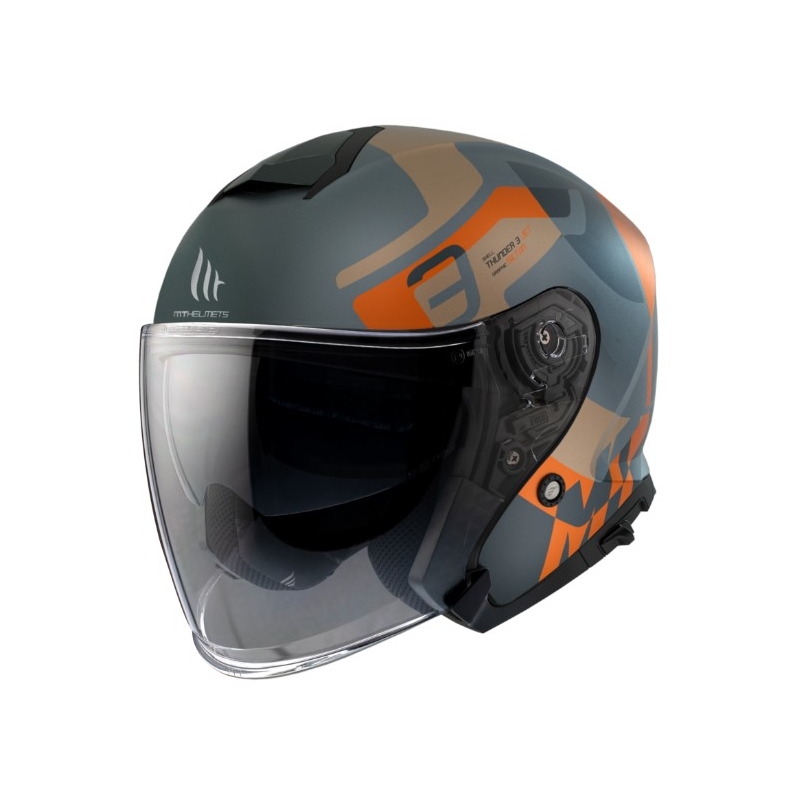 Otwarty kask motocyklowy MT Thunder 3 SV Jet Silton C4 szaro-niebiesko-pomarańczowy