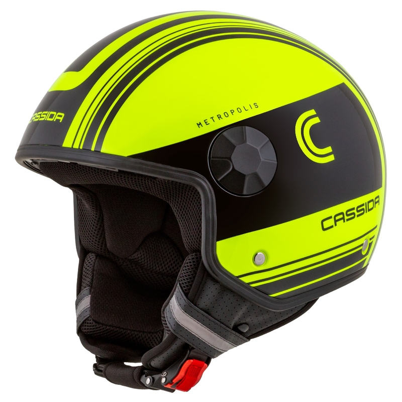 Kask motocyklowy otwarty Cassida Handy Metropolis Safety fluo żółto-czarno-odblaskowy szary.